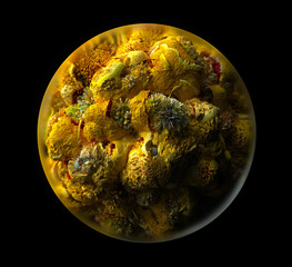 Wall Mural - 3d render of abstract art of surreal 3d planet earth, or asteroid, or part of stone with deformed damaged grunge rough surface in yellow and green color inside glass sphere on black background 