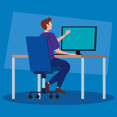 Sticker - man working in telecommuting with desk and computer vector illustration design