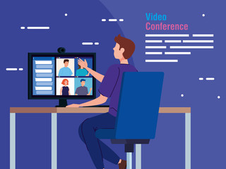 Poster - man in video conference from the computer vector illustration design