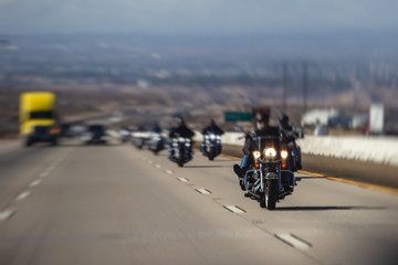 Band of bikers riding on the interstate road, California, group of motorcycles on the Highway, on the way to Las Vegas from Los Angeles in San Bernardino city, California, United States, biker concept