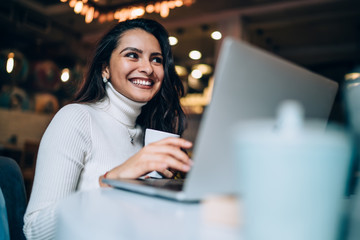 Wall Mural - Happy lady working with laptop in cafe