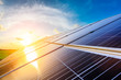 Leinwandbild Motiv Photovoltaic solar panels on sunset sky background,green clean energy concept.