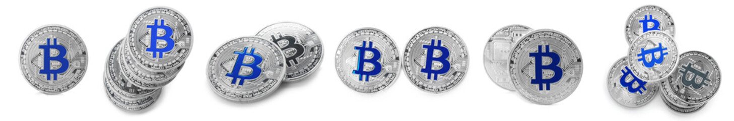 Wall Mural - Silver bitcoins on white background