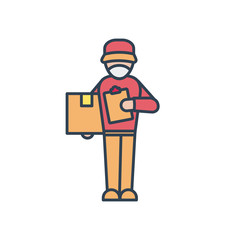 Sticker - delivery man standing and holding a box and report clipboard icon, line and fill style