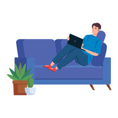 Sticker - man working in telecommuting sitting in couch vector illustration design