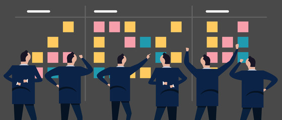 Aufkleber - employee businessman looking together at sticky notes planning concept of scrum agile in business