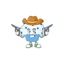 A Cowboy Cartoon Character Of Vanilla Blue Cupcake Holding Guns