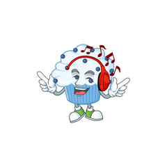 Poster - Cartoon mascot design vanilla blue cupcake enjoying music with headset