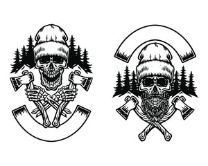 Wall Mural - Lumberjack with two axes, hand drawn line art vector illustration