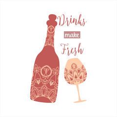 Wall Mural - Auburn red color of bottle and glass with cold beer and alcohol. Vector