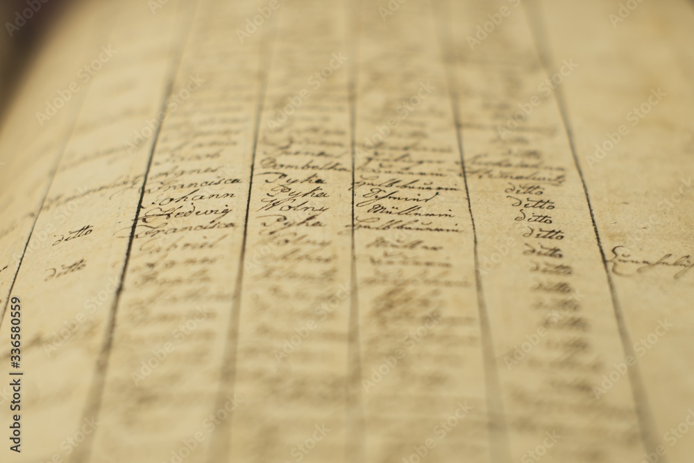 Soft focus of an old book of local records with list of residents' names and information - obrazy, fototapety, plakaty 
