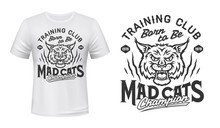 Bobcat Animal Head Mascot Vector Design Of Sport Club T-shirt Print. Lynx Wild Cat Roaring With Open Mouth, Scratch Marks And Lettering, Angry Carnivore Wildcat Mascot Of Sporting Custom Apparel