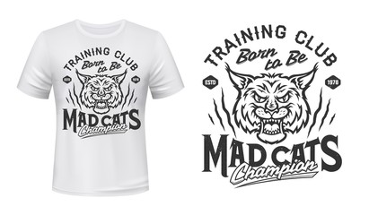 bobcat animal head mascot vector design of sport club t-shirt print. lynx wild cat roaring with open