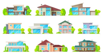 Canvas Print - Private houses and hones, reals estate facades vector flat icons. Residential villas and mansion buildings, family houses, cottages, townhouse property, luxury duplex apartments with garage and garden