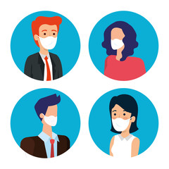 Wall Mural - business people with face mask in frames circular vector illustration design