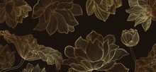 Luxury Lotus Wallpaper Design Vector, Lotus Line Arts, Golden Lotus Flowers Patterns Design For Packaging Background, Print, Packaging, Natural Cosmetics, Health Care, Invitation, Cards.