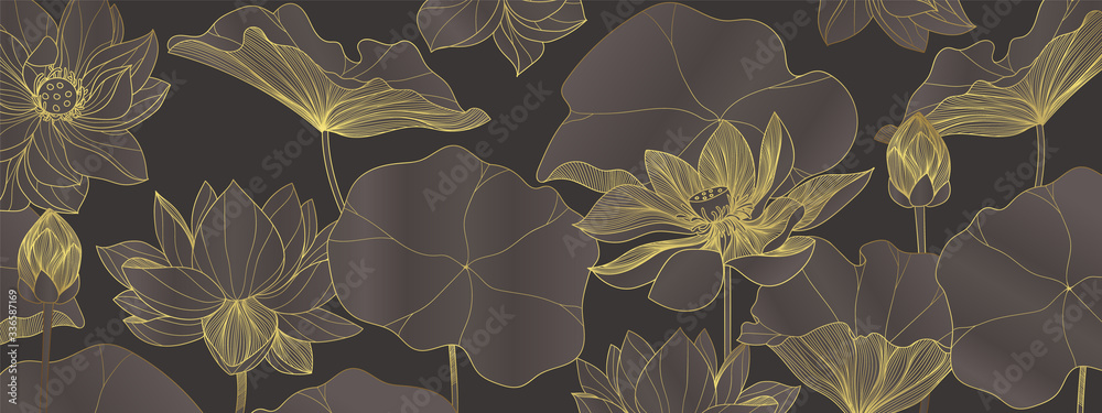 luxury lotus wallpaper design vector, lotus line arts, Golden Lotus flowers patterns design for packaging background, print, packaging, natural cosmetics, health care, invitation, cards. - obrazy, fototapety, plakaty 