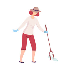 Wall Mural - Young Woman Collecting Plastic Trash with Eco Friendly Tool, Female Volunteer Picking Garbage Outdoors Vector Illustration