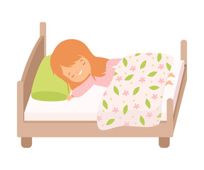 Wall Mural - Adorable Smiling Red Haired Little Girl Sleeping Sweetly in Her Bed under Blanket Vector Illustration