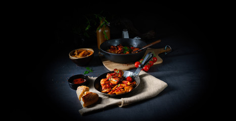 Wall Mural - Rustic chicken wings in honey with potato wedges