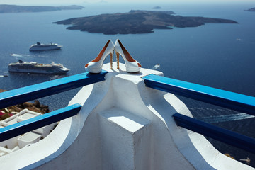 The white shoes on the background of the sea, islands