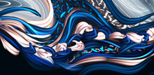 Luxury Abstract Fluid Art, Ink Blur Background, Classic Blue, Gold. Liquid Acrylic, Epoxy Futuristic Painting. Slice Of Stone. Symmetric Reflection.