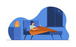 © SurfupVector - Young woman reading book before going to sleep. Girl resting in bed near bedside lamp and window at night. Vector illustration for bookworm, literature, hobby concept