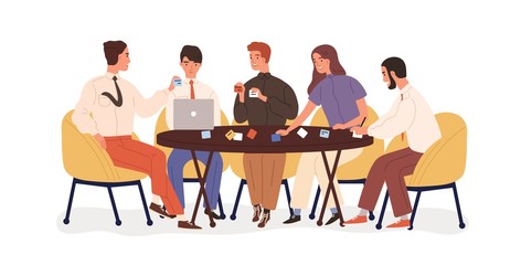 Poster - Creative business team sitting at table and planning strategy with sticky notes. Project discussion. Smiling office workers on briefing, brainstorm. Vector illustration in flat cartoon style.