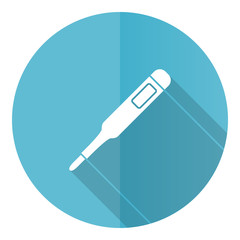 Poster - Electronic digital medical thermometer blue round flat design vector icon isolated on white background