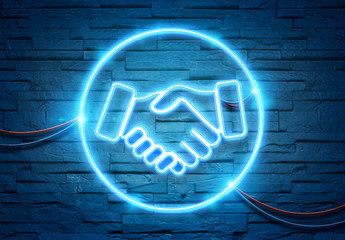 Sticker - Handshake neon icon illuminating a brick wall with blue and pink glowing light 3D rendering