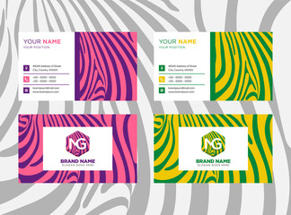 Poster - Creative business card. Zebra skin pattern texture. Template Modern design and Clean Business Card. Vector Illustration. combination of purple pink and green yellow color. Horizontal layout.