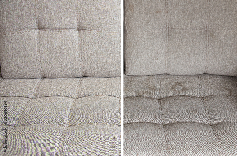 clean and dirty sofa before and after, Cleaning service clean sofa with professional equipment - obrazy, fototapety, plakaty 