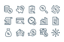 Loan, Tax And Fees Line Icons. Discount And Investment Vector Linear Icon Set.