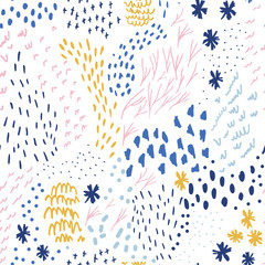 Aufkleber - Vector organic seamless abstract background, botanical motif, freehand doodles pattern with stylized flowers, simple shapes, doodles and marks in pastel colors drawn with markers on white background.