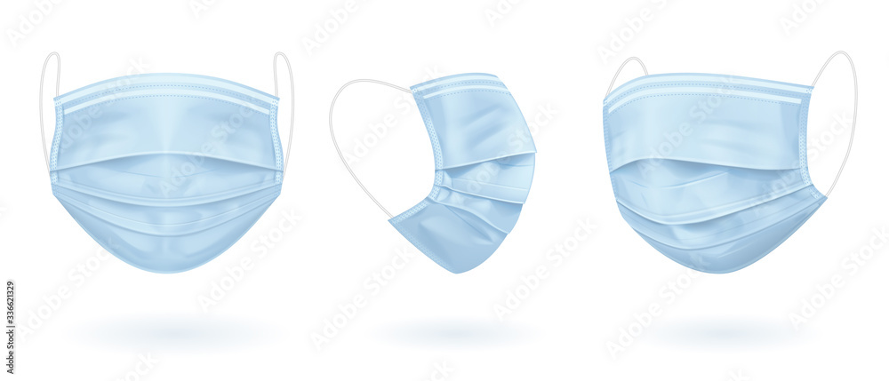 Blue medical mask in three projections. Virus protection. Vector EPS 10 - obrazy, fototapety, plakaty 