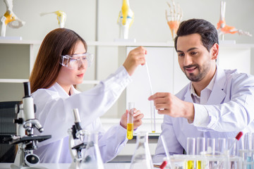 Wall Mural - attractive happiness scientist lab technician assistant analyzing sample in test tube at laboratory.
