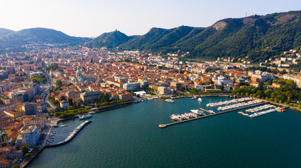 Panoramic view from the drone on the city Como. Italy