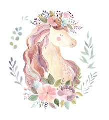 Beautiful watercolor illustration with magical unicorn and flowers