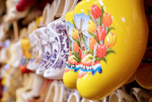 Rack In The Store With Rows Traditional Dutch Wooden Clogs