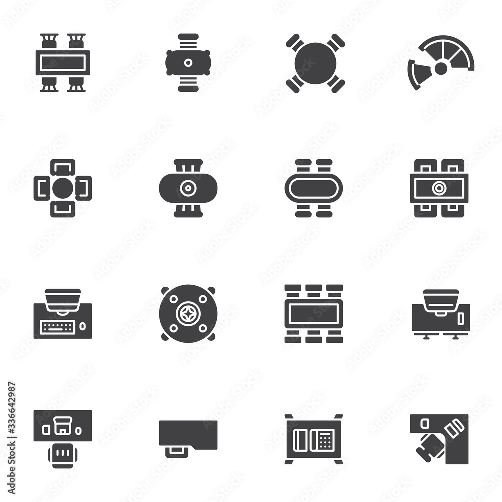 Office furniture top view vector icons set, modern solid symbol ...