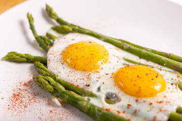 Wall Mural - Stir-fried eggs with green asparagus. Fast lunch ideas, healthy breakfast, summer food.