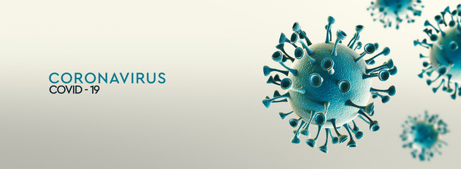 Wall Mural - High resolution banner Coronavirus microscopic view. Dangerous asian ncov corona virus, SARS concept with text on teal background. 3d rendering