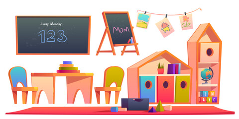 Wall Mural - Room interior in montessori kindergarten with books on shelf, chalkboards, desk with chairs. Vector cartoon set of furniture in classroom, kids paintings and toy blocks isolated on white background