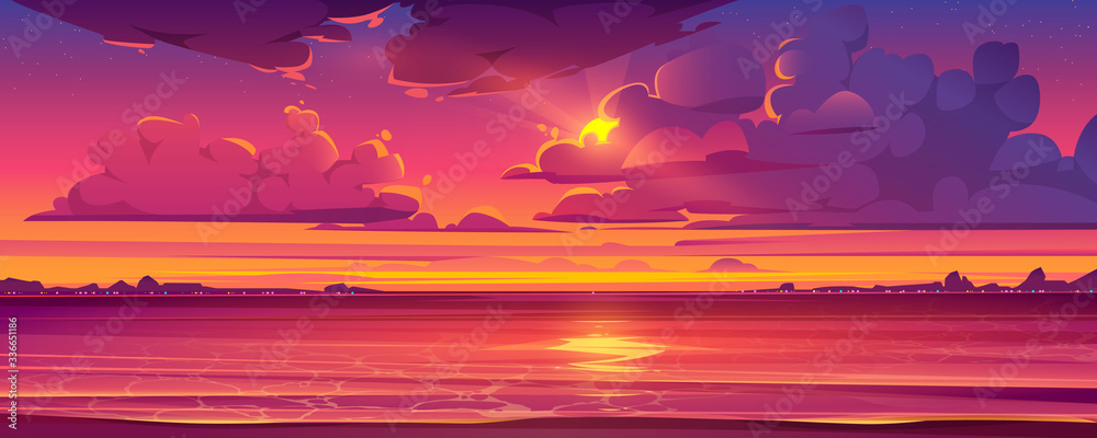 Sea sunset. Tropical landscape of ocean with sky, clouds and water in red light of evening sun. Vector cartoon summer seascape with city lights and coastline silhouette on horizon - obrazy, fototapety, plakaty 