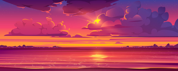 Wall Mural - Sea sunset. Tropical landscape of ocean with sky, clouds and water in red light of evening sun. Vector cartoon summer seascape with city lights and coastline silhouette on horizon