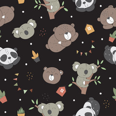 Wall Mural - Kids baby pattern of bear, panda and koala in the black backdrop