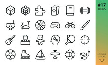 Sport, Hobby, Games Isolated Icons Set. Set Of Board Game Dice, Puzzle Piece, Gym, Fitness, Diving Mask, Controller Pad, Bike, Guitar Instrument, Drone, Model Kit, Ping Pong Outline Vector Icon