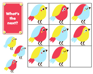 What comes next educational children game. Kids activity sheet, continue the row of birds