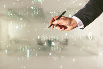 Poster - Double exposure of male hand with pen working with abstract programming language and world map on blurred office background, research and development concept