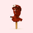 © master1305 - Bitten icecream in chocolate on wooden stick as statue head. Negative space to insert your text. Modern design. Contemporary colorful and conceptual bright art collage with statue's head, historical.
